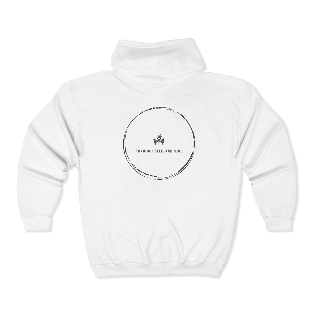 Minimalist 'Pressed Seed and Soil' Zip Hoodie — Eco Botanical Graphic