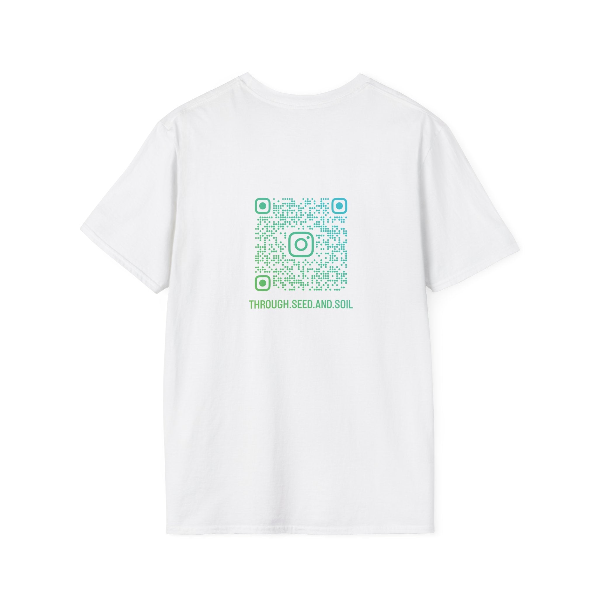 T-Shirt — "Through Seed and Soil" Minimal Circular Logo Tee with QR Back