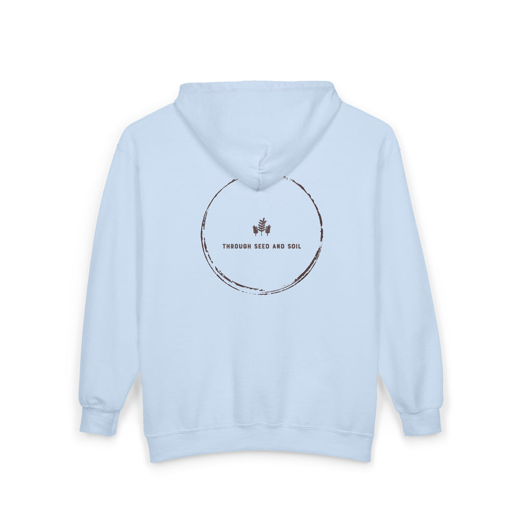 Minimalist 'Pressed Seed and Soil' Zip Hoodie — Eco Botanical Graphic