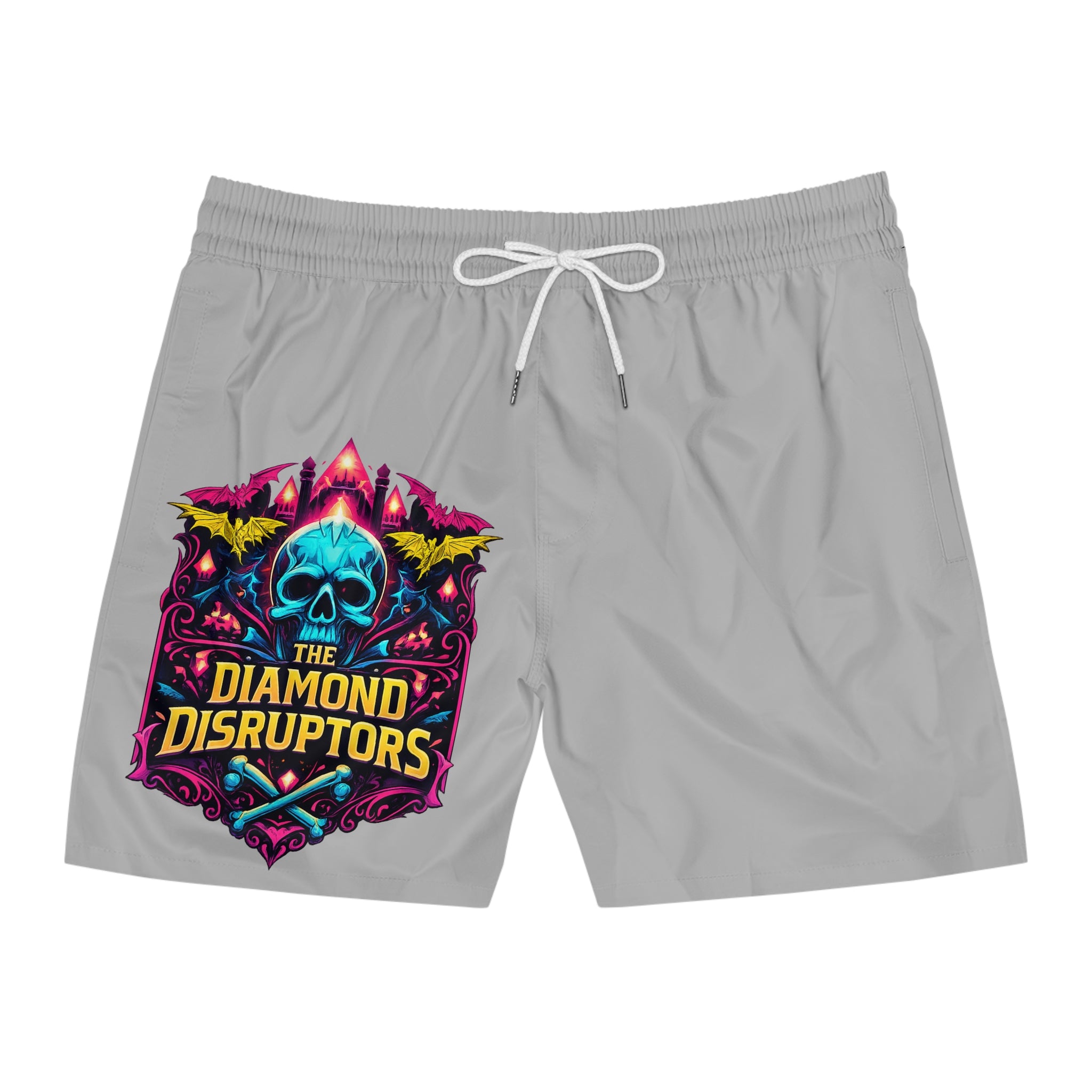 Skull Crest Swim Shorts — 'The Diamond Disruptors' Graphic Mid-Length Trunks