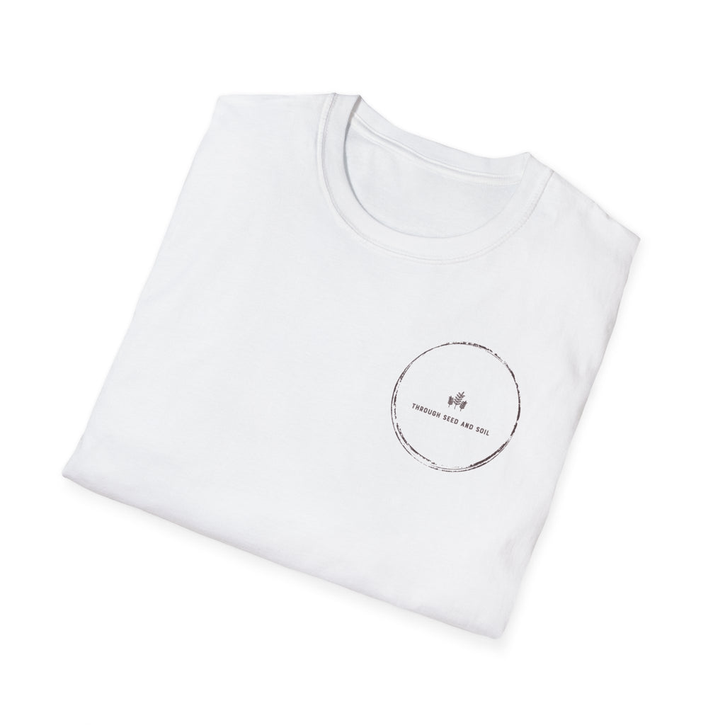 T-Shirt — "Through Seed and Soil" Minimal Circular Logo Tee with QR Back
