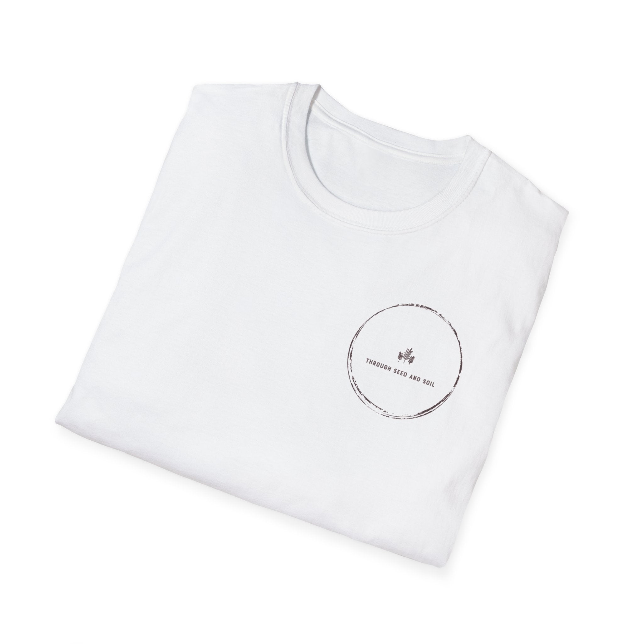 T-Shirt — "Through Seed and Soil" Minimal Circular Logo Tee with QR Back