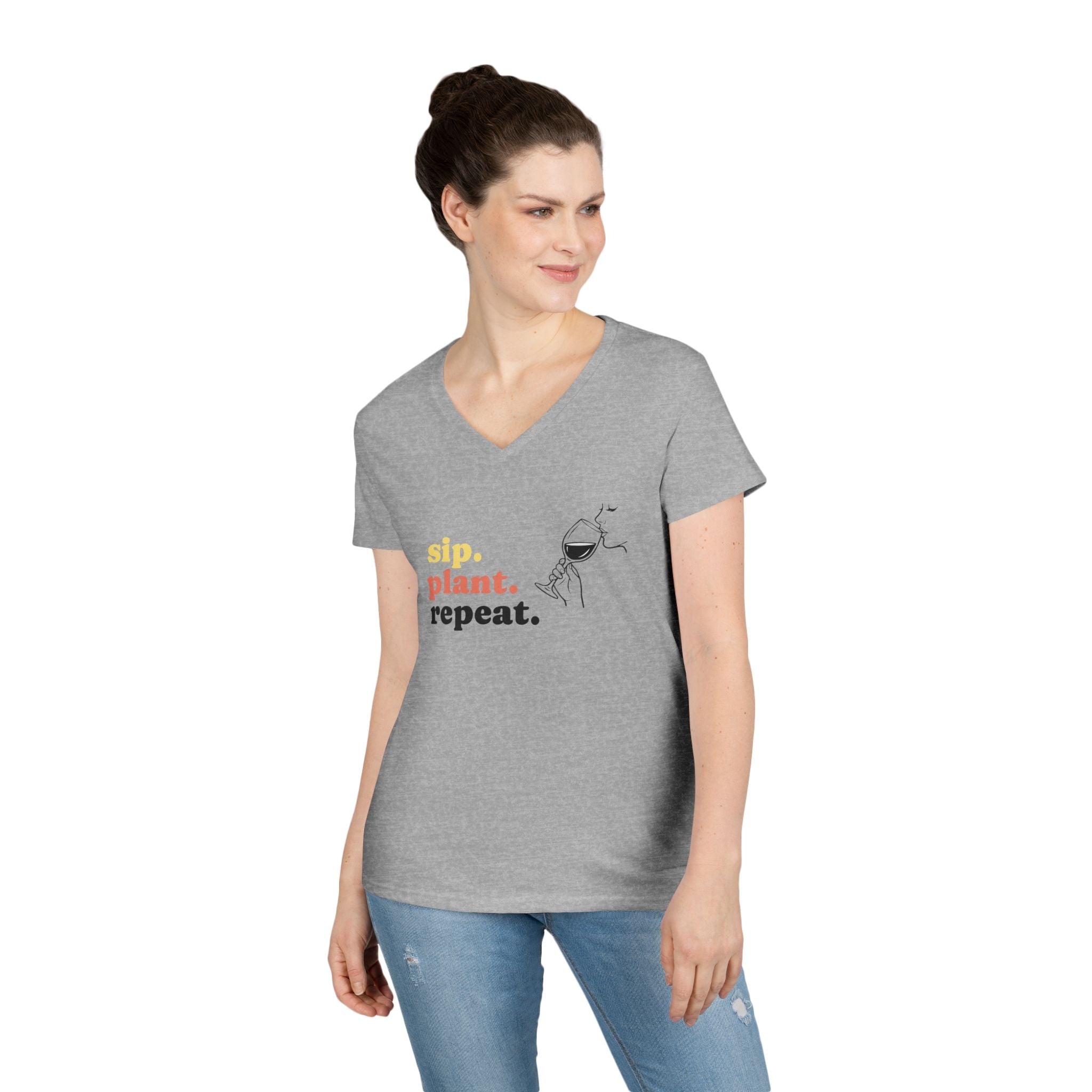 Sip. Plant. Repeat. V-Neck T-Shirt — Gardening & Coffee Lover Tee