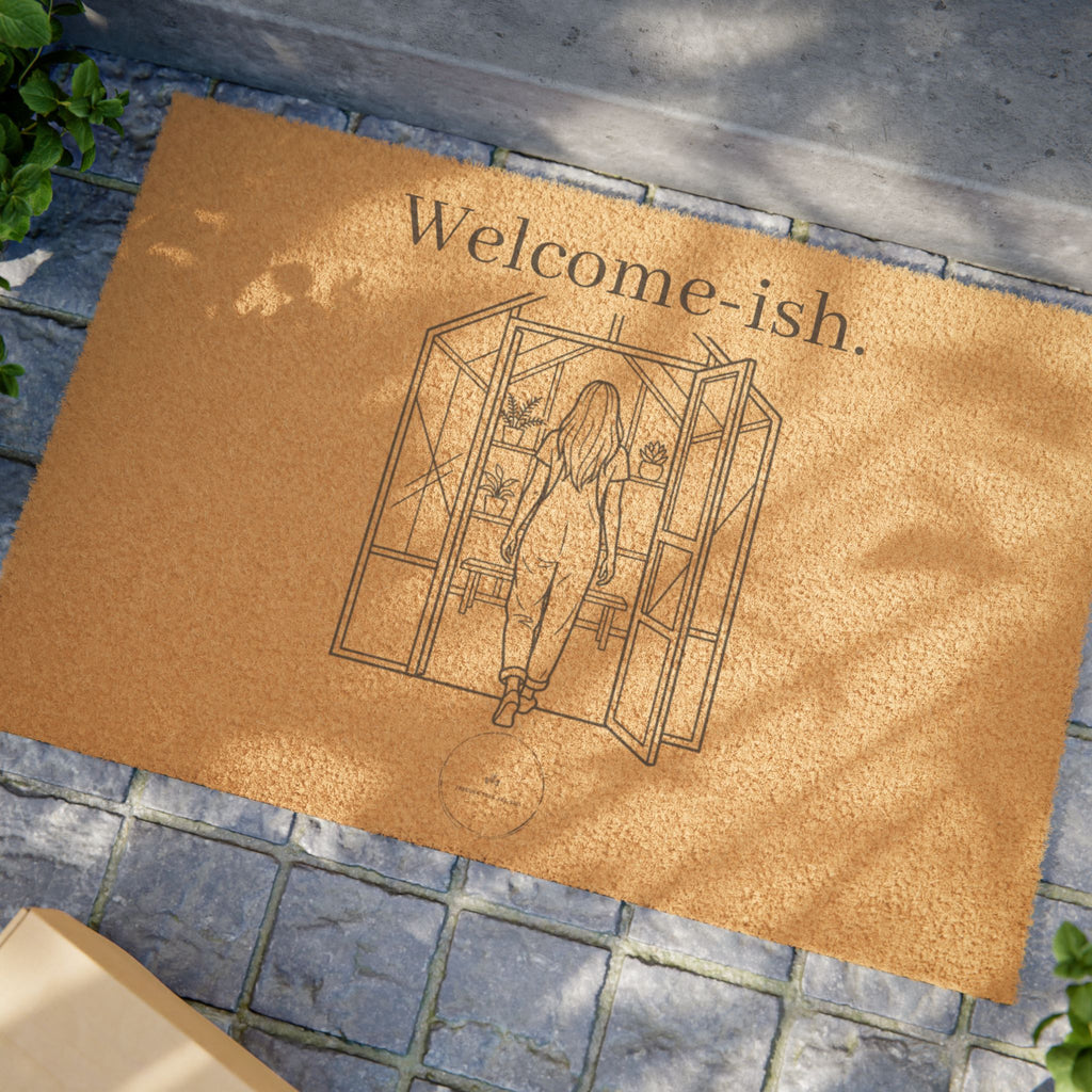 Welcome-ish Doormat – Funny Front Door Coir Mat with Woman Leaving Design
