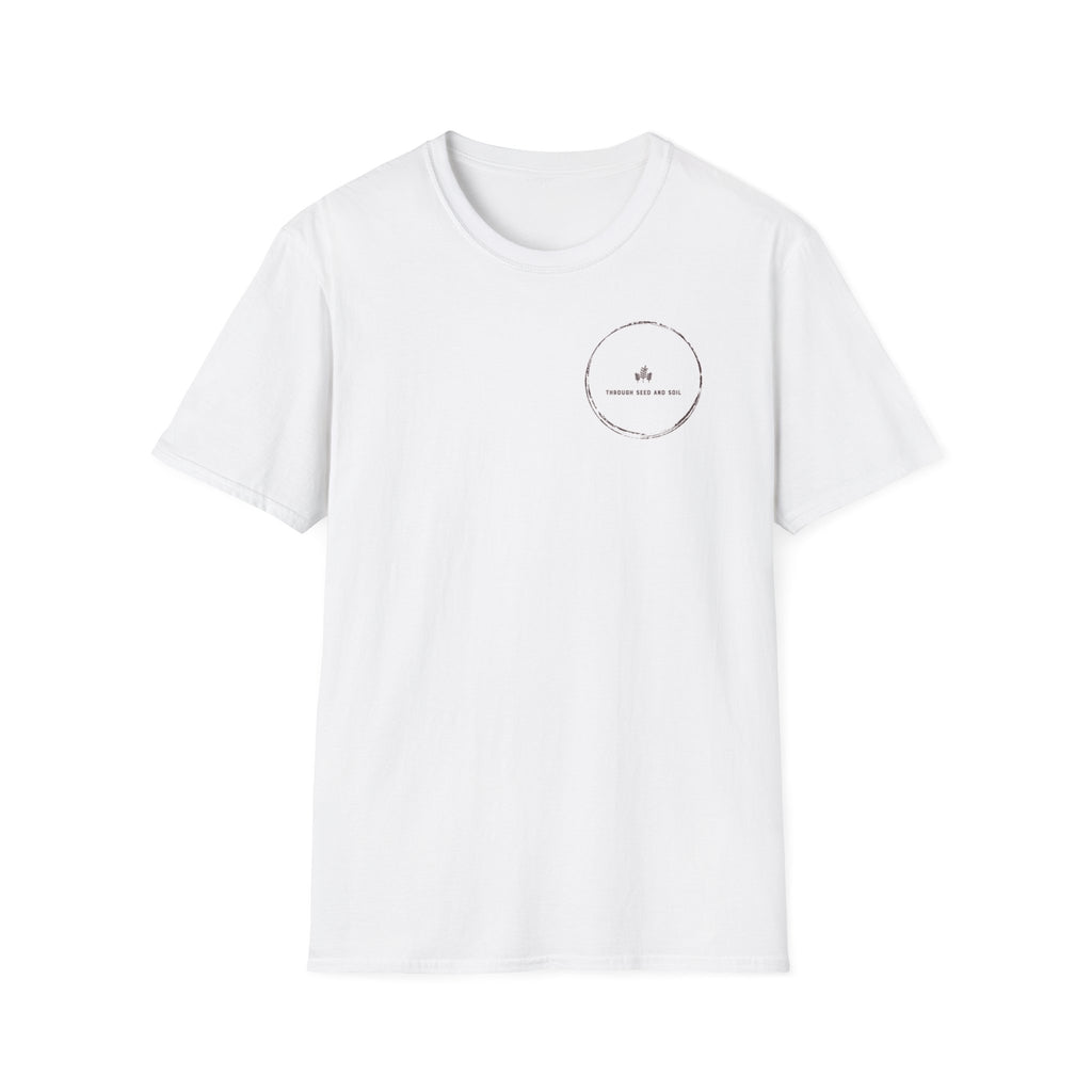T-Shirt — "Through Seed and Soil" Minimal Circular Logo Tee with QR Back