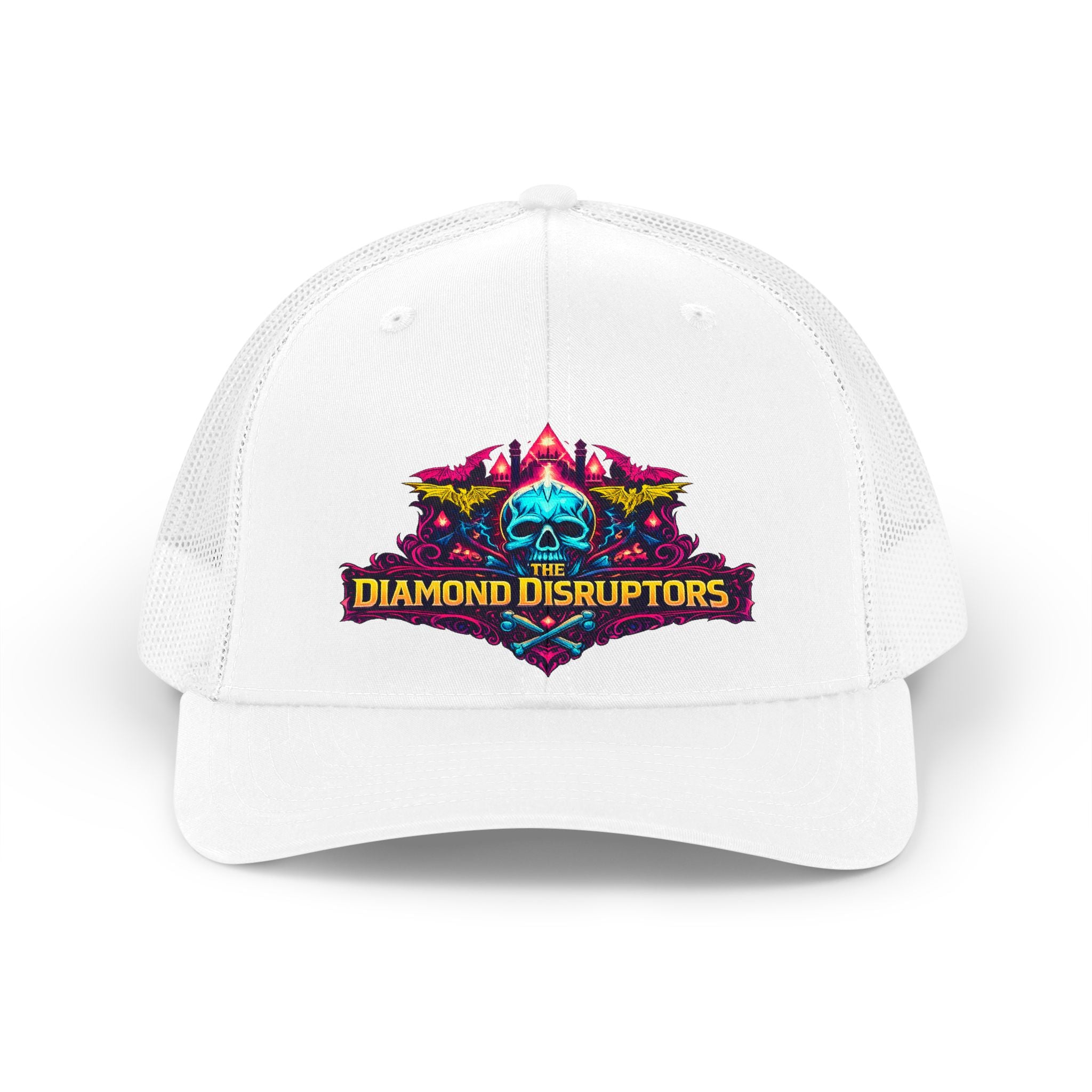 Retro Trucker Hat — 'Diamond Disruptors' Neon Skull Logo