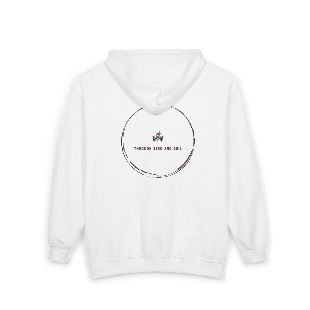 Minimalist 'Pressed Seed and Soil' Zip Hoodie — Eco Botanical Graphic