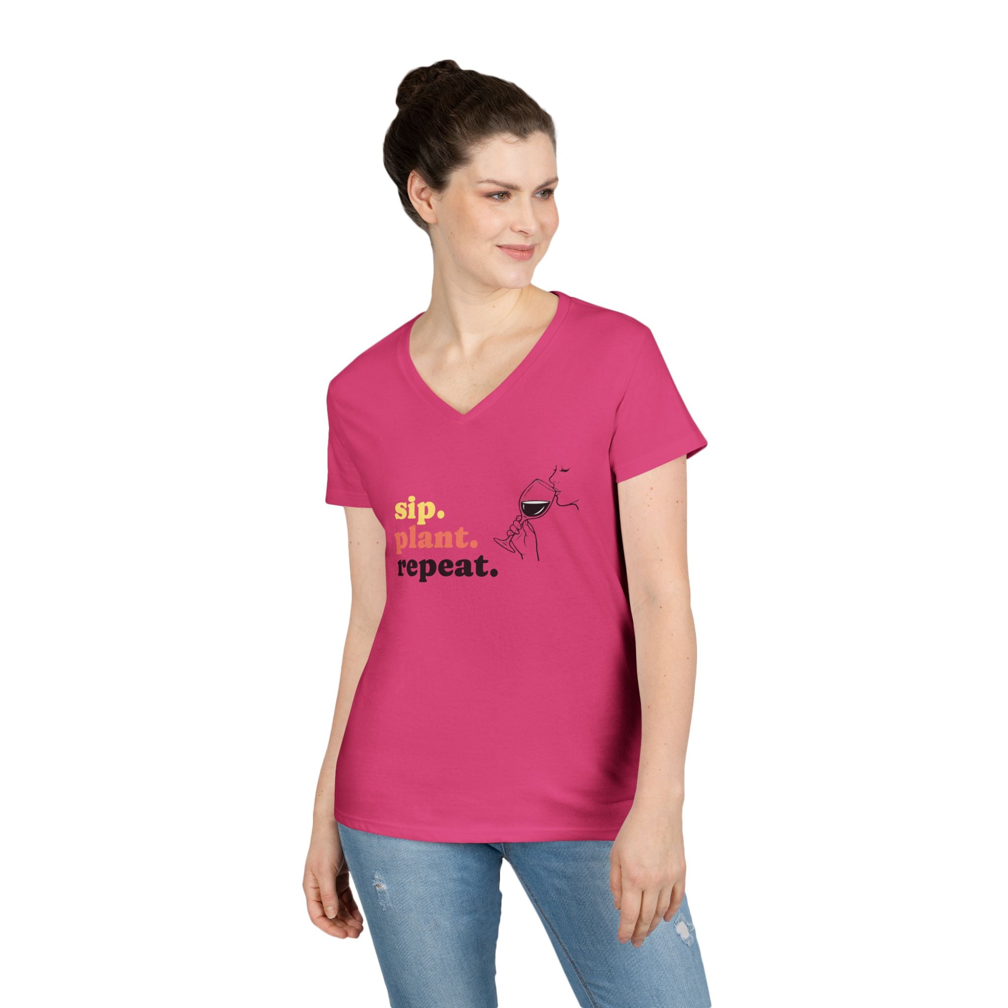 Sip. Plant. Repeat. V-Neck T-Shirt — Gardening & Coffee Lover Tee