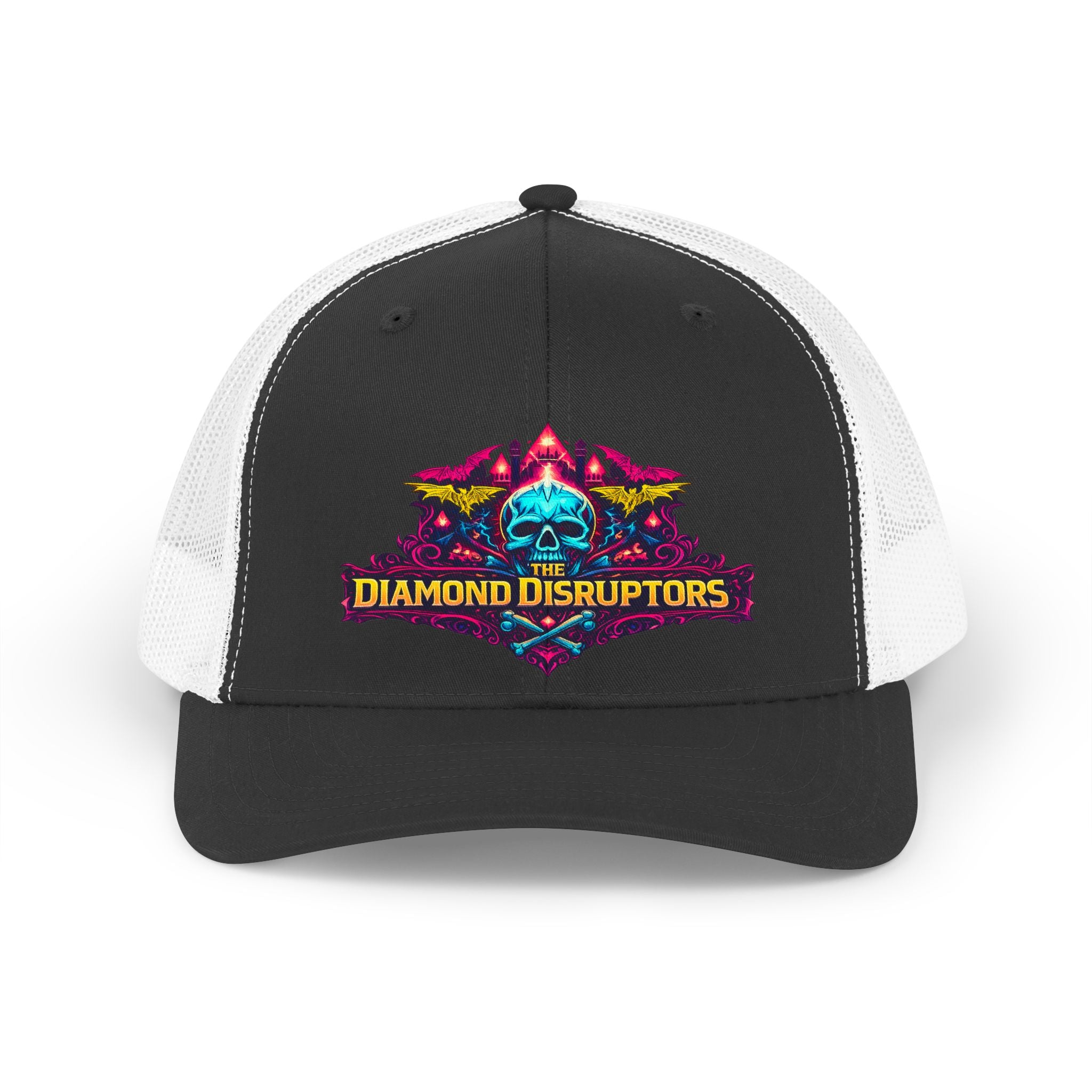 Retro Trucker Hat — 'Diamond Disruptors' Neon Skull Logo