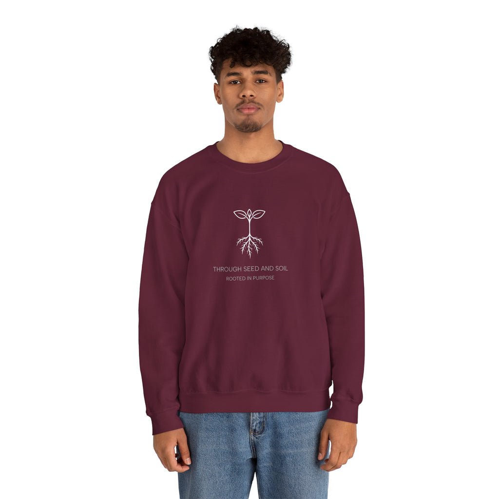 Seed & Soil Crewneck Sweatshirt — 'Through Seed and Soil, Rooted in Purpose' Plant Graphic
