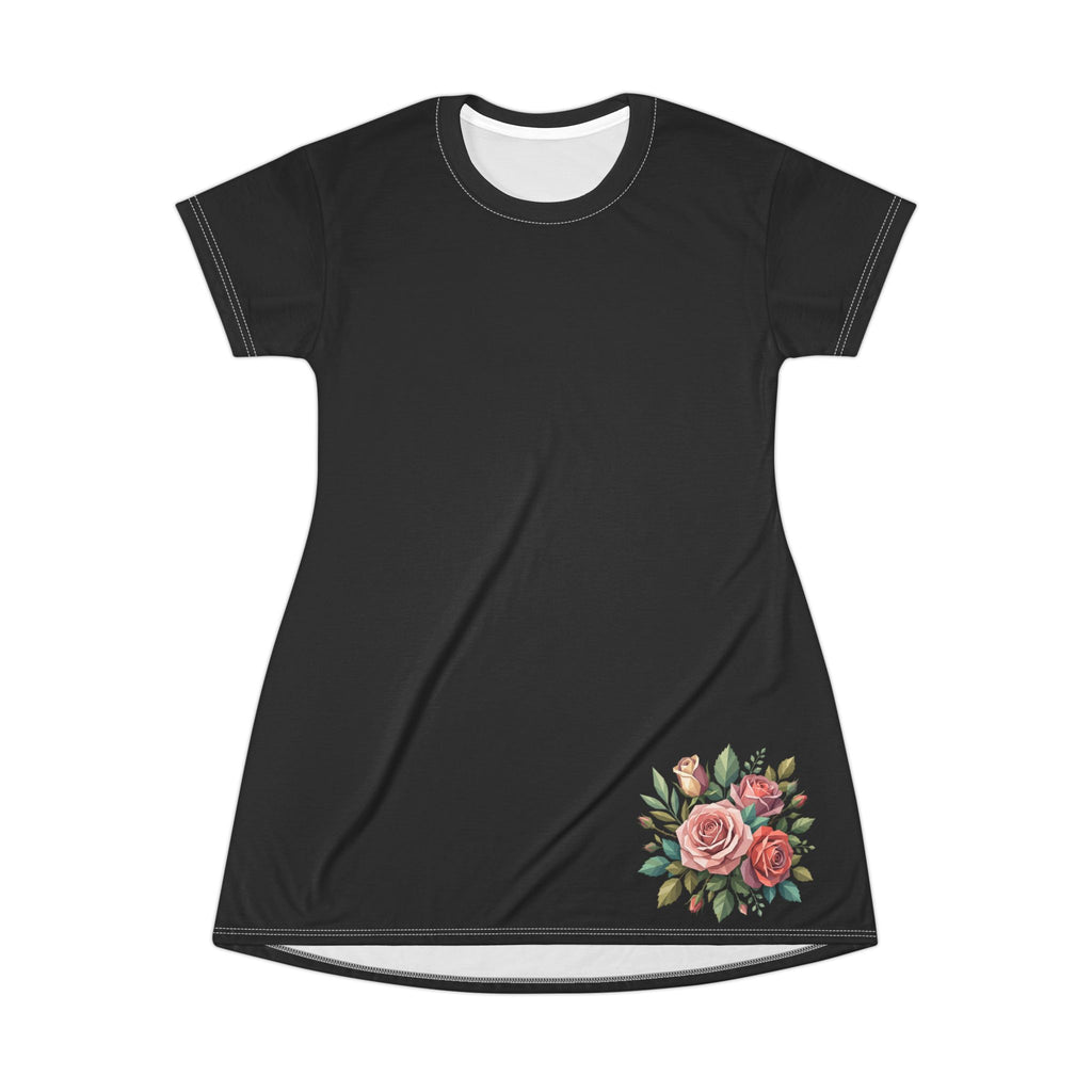Floral Corner Tee Dress — Black Rose AOP T‑Shirt Dress