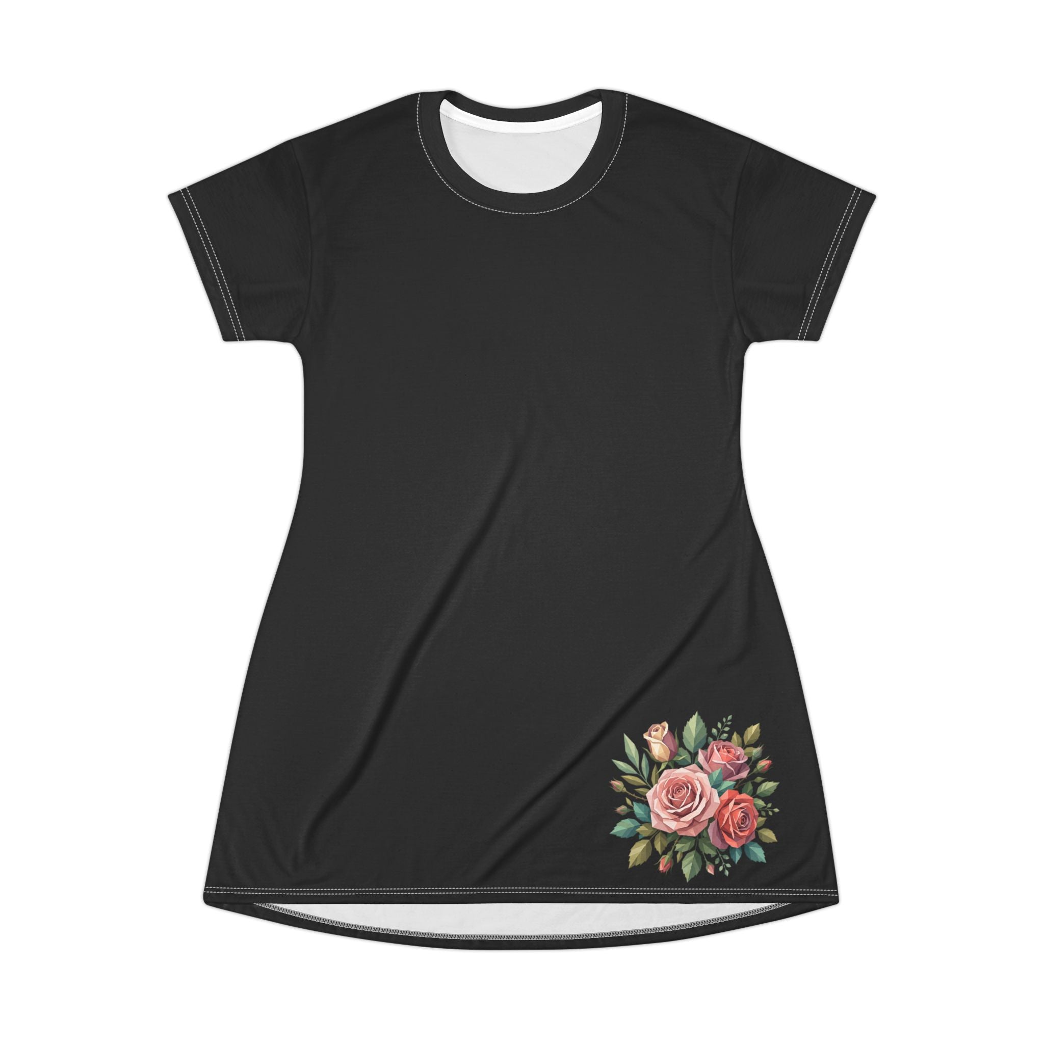 Floral Corner Tee Dress — Black Rose AOP T‑Shirt Dress