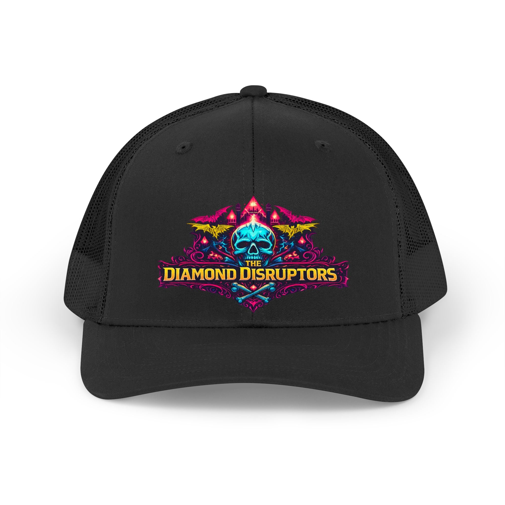 Retro Trucker Hat — 'Diamond Disruptors' Neon Skull Logo
