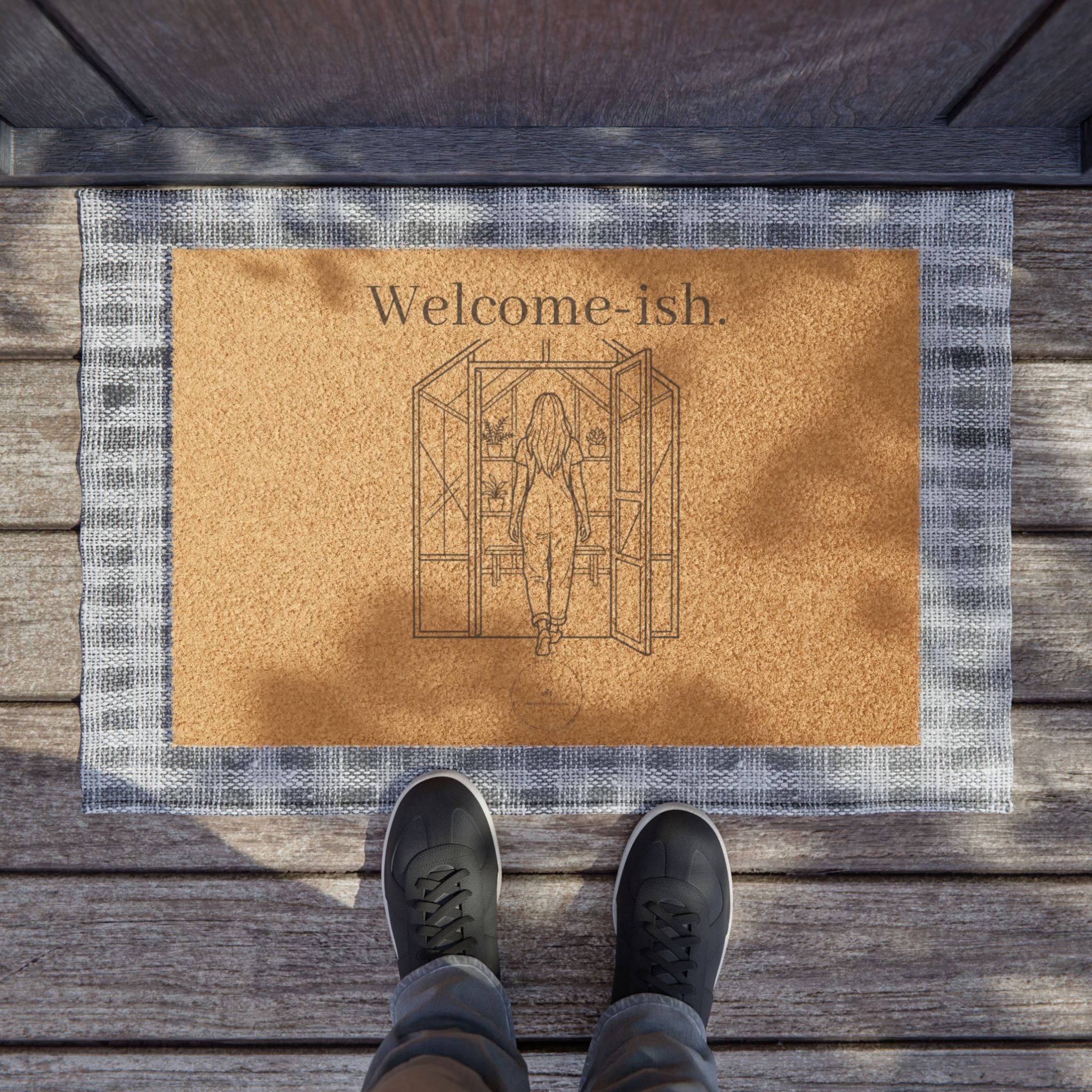 Welcome-ish Doormat – Funny Front Door Coir Mat with Woman Leaving Design