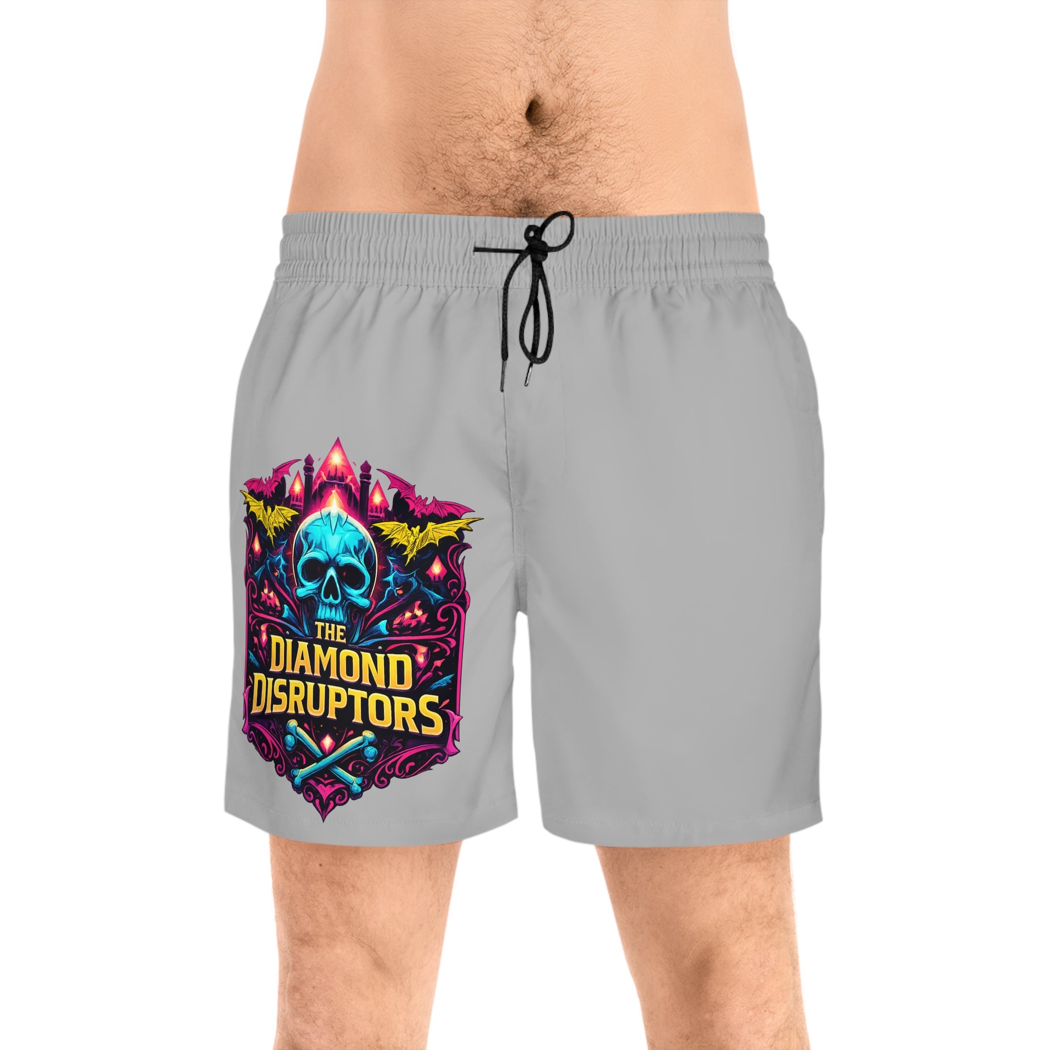 Skull Crest Swim Shorts — 'The Diamond Disruptors' Graphic Mid-Length Trunks