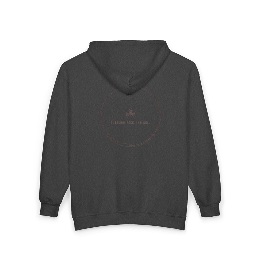 Minimalist 'Pressed Seed and Soil' Zip Hoodie — Eco Botanical Graphic