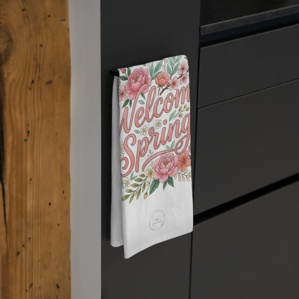 Welcome Spring Floral Tea Towel – Spring Kitchen Decor, Floral Dish Towel