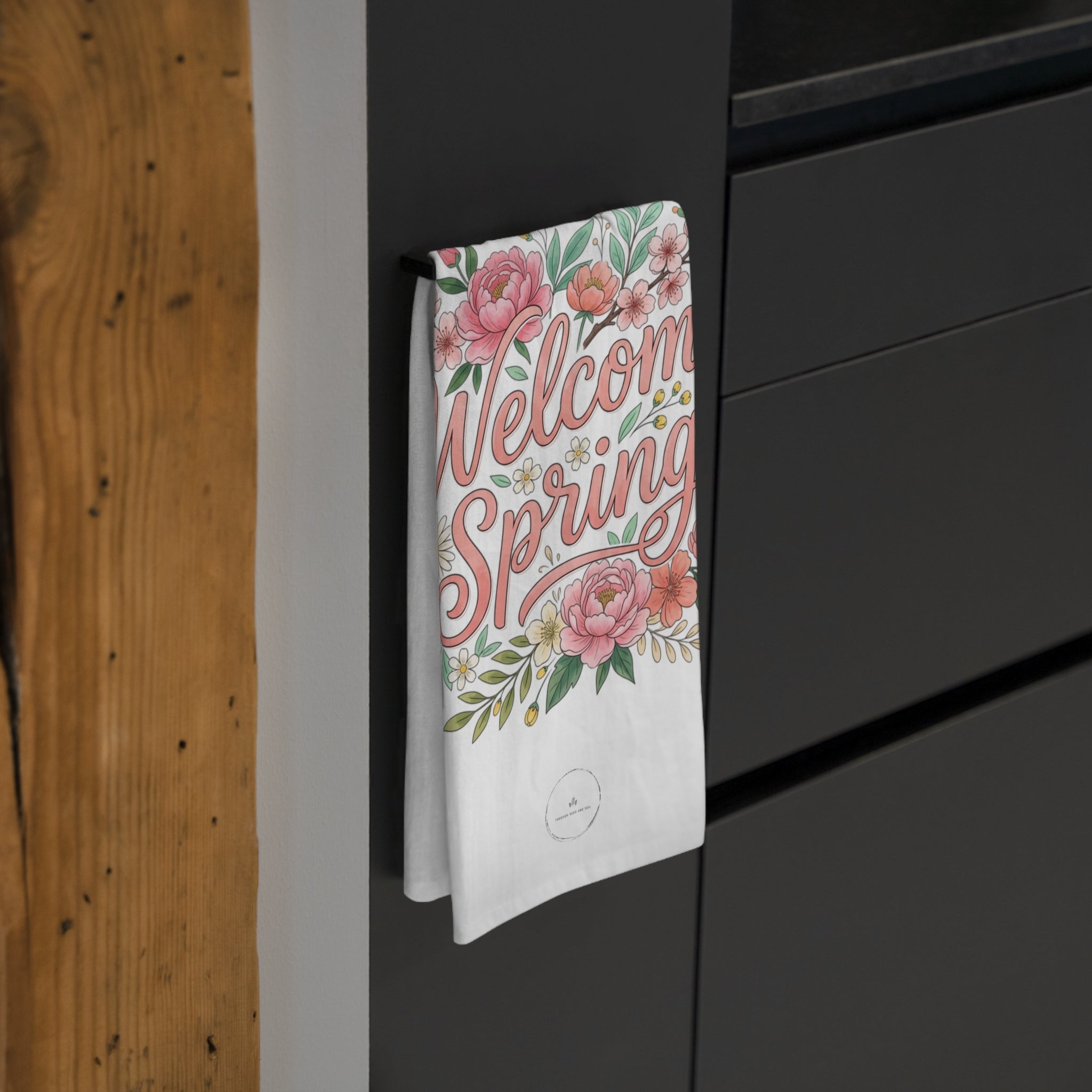 Welcome Spring Floral Tea Towel – Spring Kitchen Decor, Floral Dish Towel