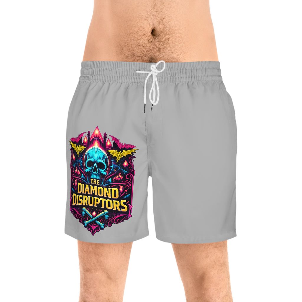 Skull Crest Swim Shorts — 'The Diamond Disruptors' Graphic Mid-Length Trunks
