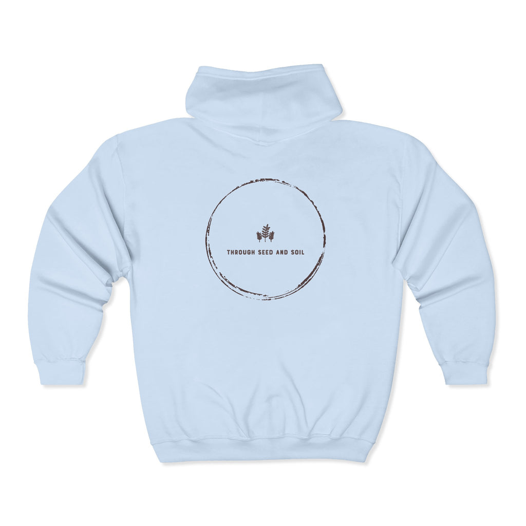Minimalist 'Pressed Seed and Soil' Zip Hoodie — Eco Botanical Graphic
