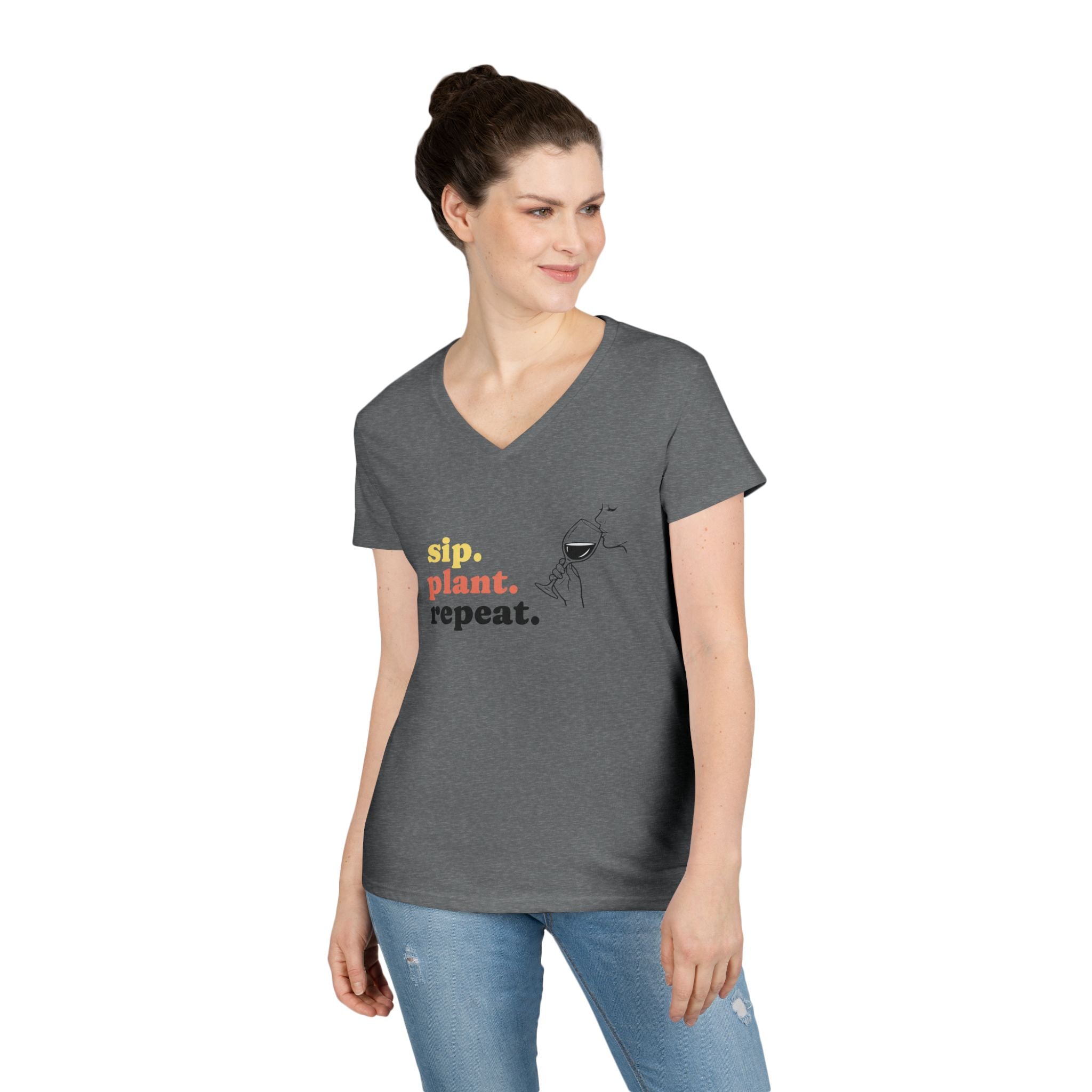 Sip. Plant. Repeat. V-Neck T-Shirt — Gardening & Coffee Lover Tee