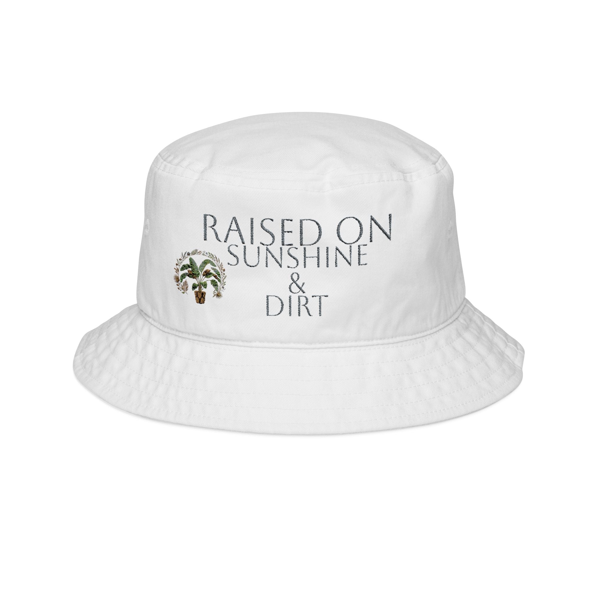 Raised on Sunshine & Dirt Embroidered Bucket Hat — Floral Palm Summer Sun Hat