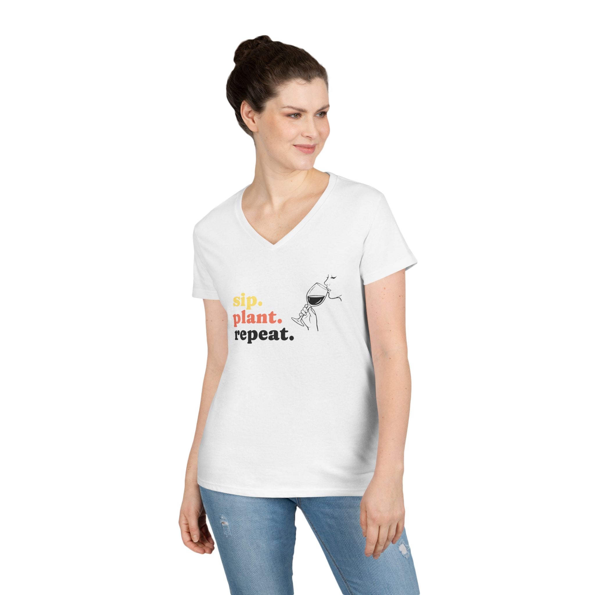 Sip. Plant. Repeat. V-Neck T-Shirt — Gardening & Coffee Lover Tee