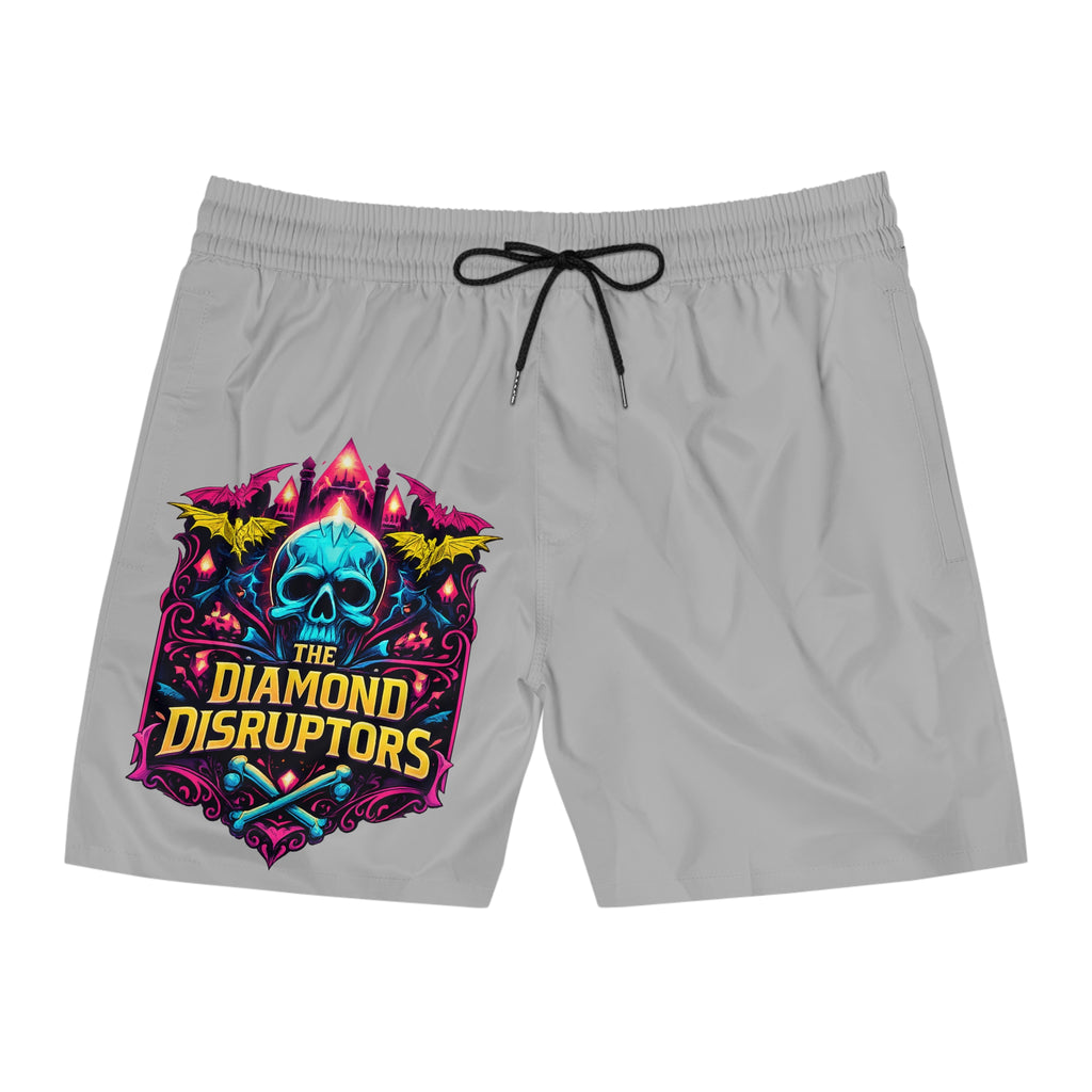 Skull Crest Swim Shorts — 'The Diamond Disruptors' Graphic Mid-Length Trunks
