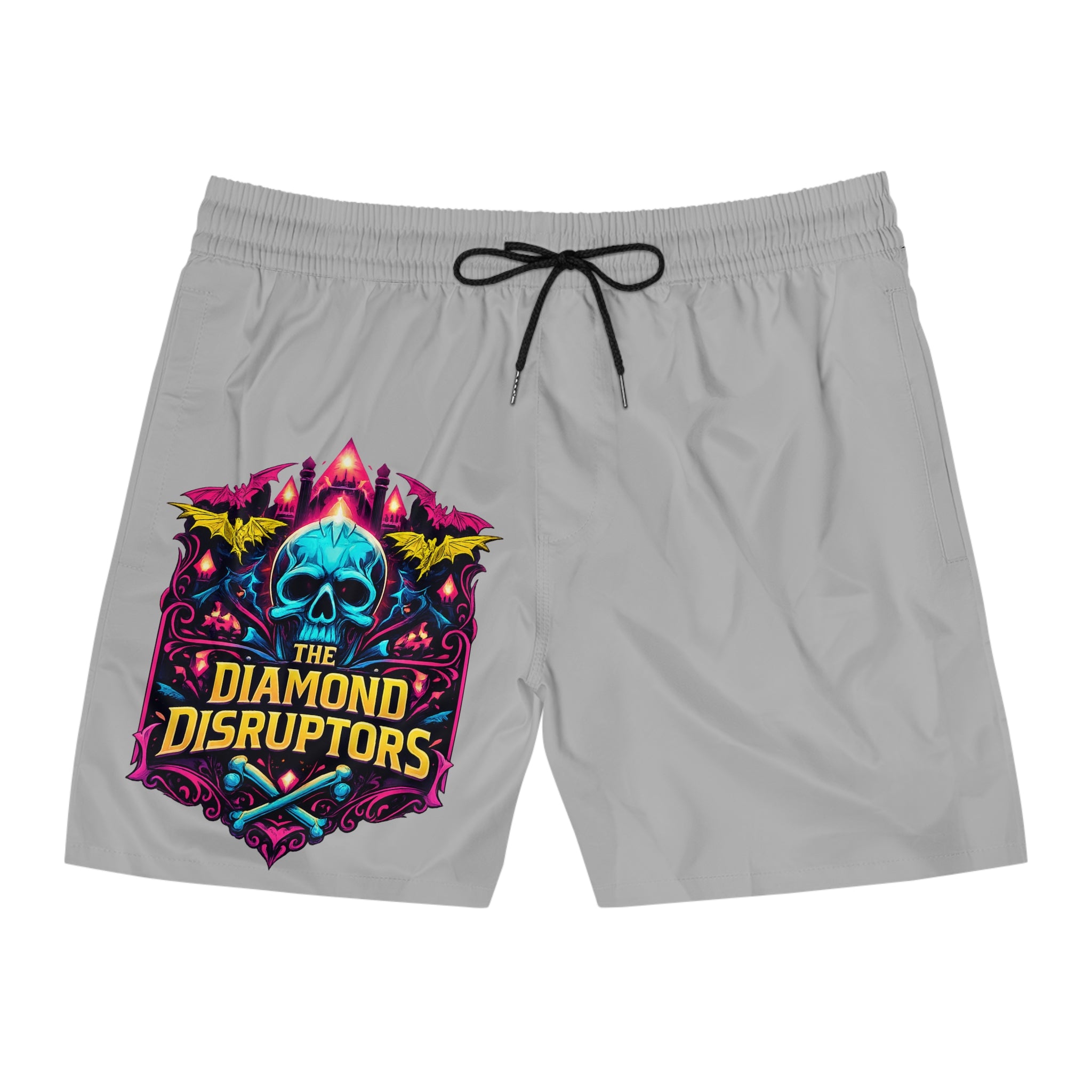 Skull Crest Swim Shorts — 'The Diamond Disruptors' Graphic Mid-Length Trunks