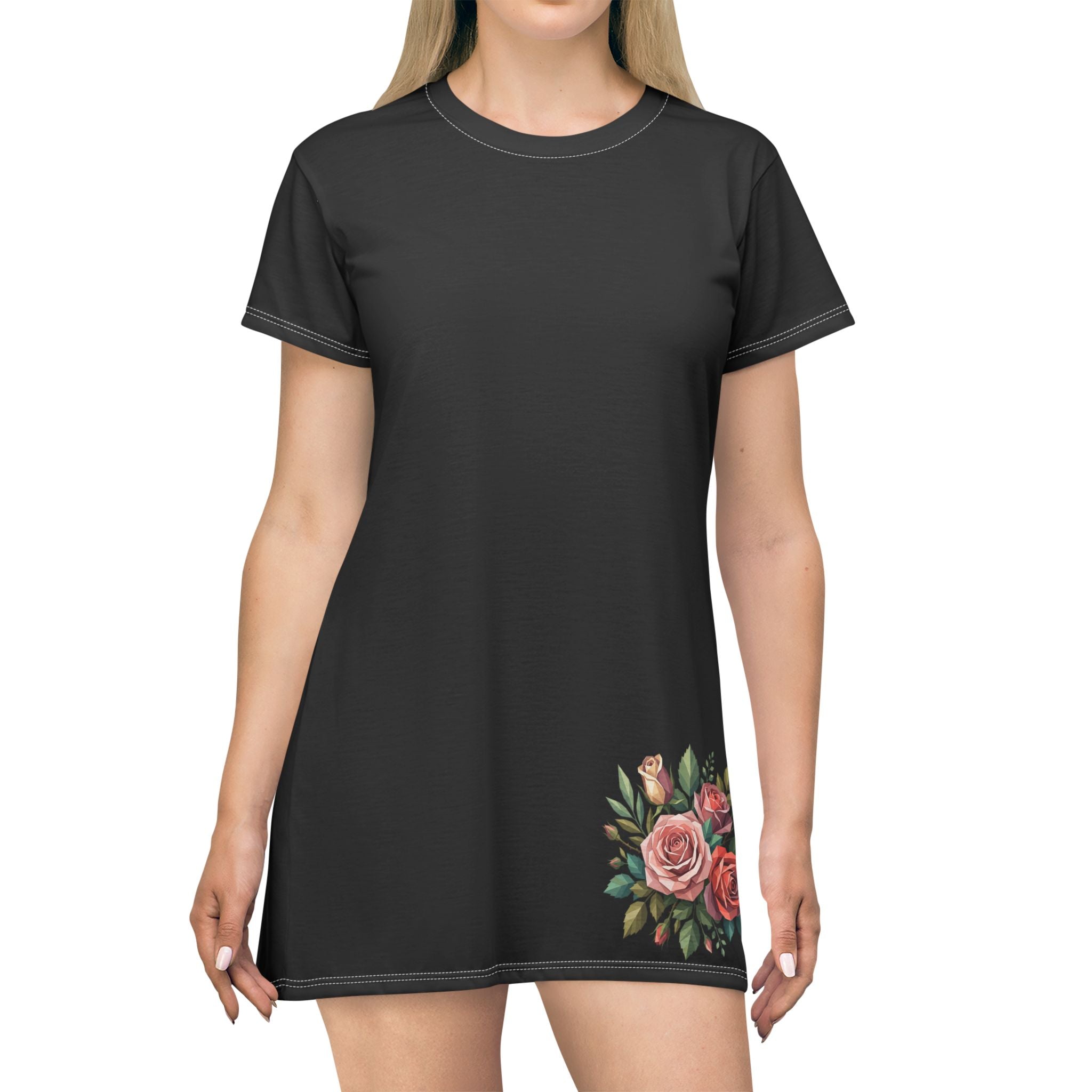 Floral Corner Tee Dress — Black Rose AOP T‑Shirt Dress