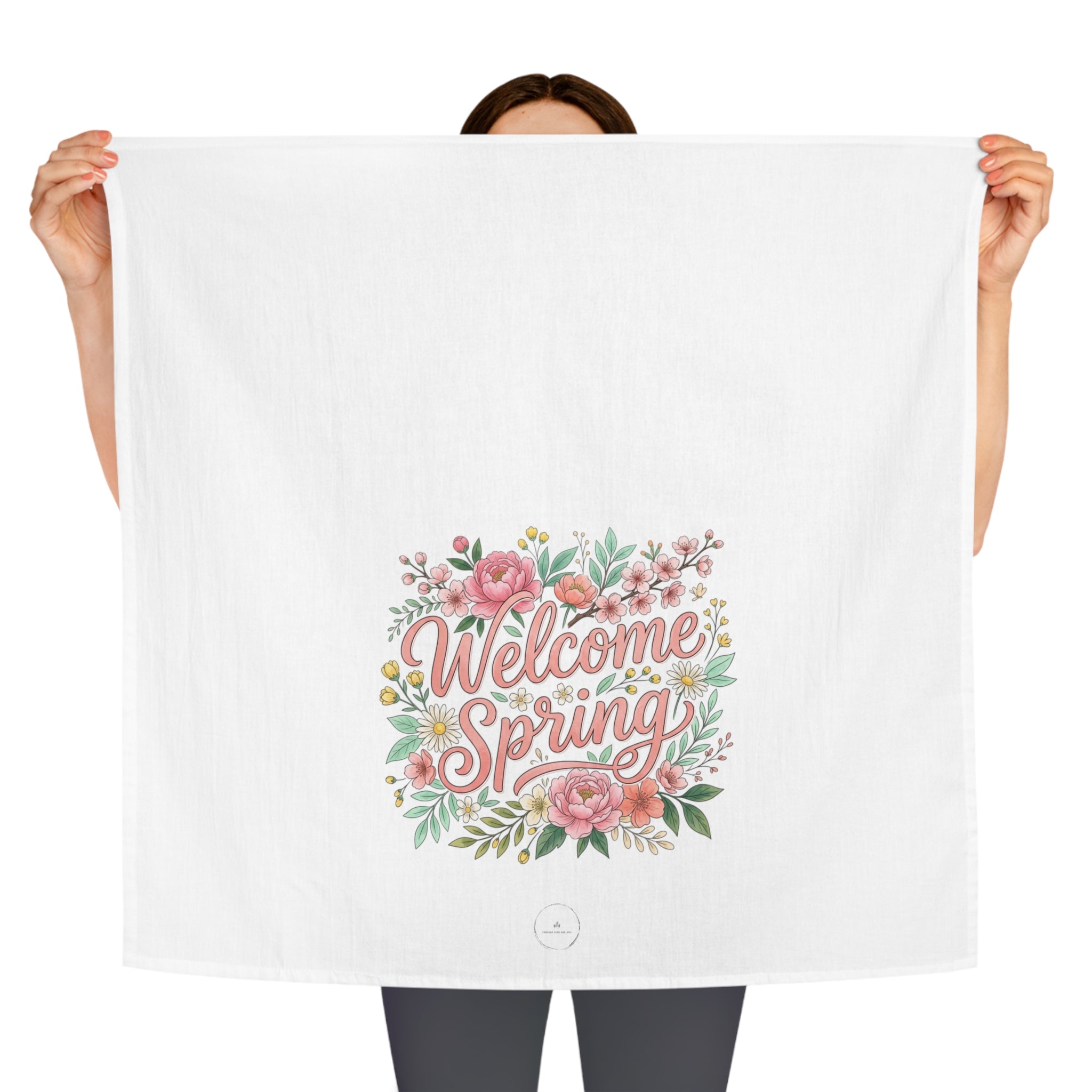 Welcome Spring Floral Tea Towel – Spring Kitchen Decor, Floral Dish Towel